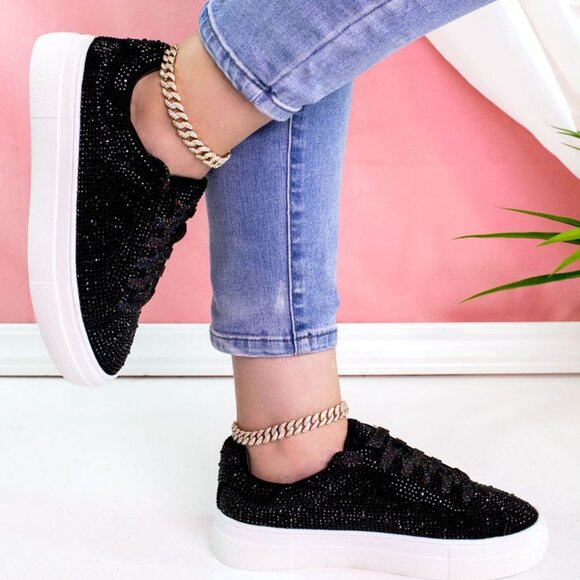 NEW🔥 Black Rhinestone Crystal Embellished Lace-Up Sneakers Low Platform Slip-On - Picture 1 of 5